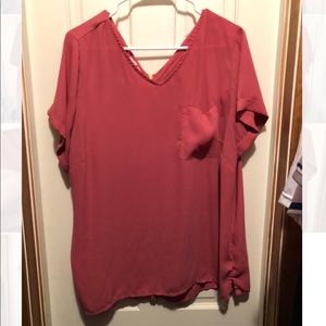 Pink V-Neck Blouse with Gold Zipper Back